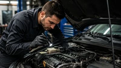 damaged car being inspected at auto body shop