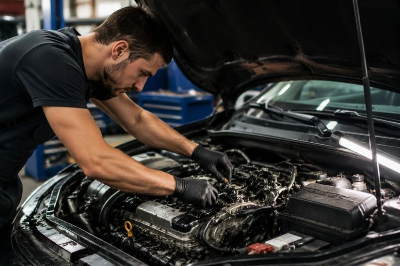 Man repairing damaged engine at auto body shop