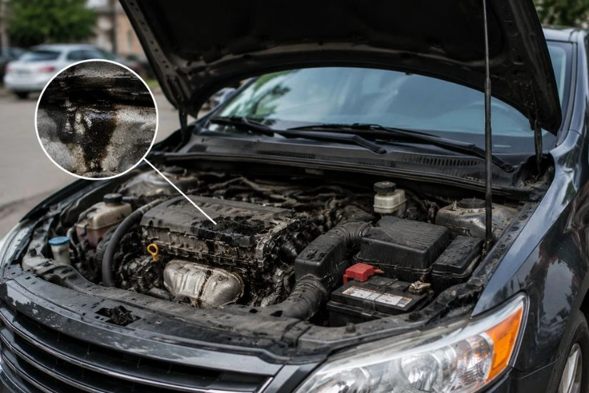 Damaged engine of a car brought to be repaired at an auto repair shop