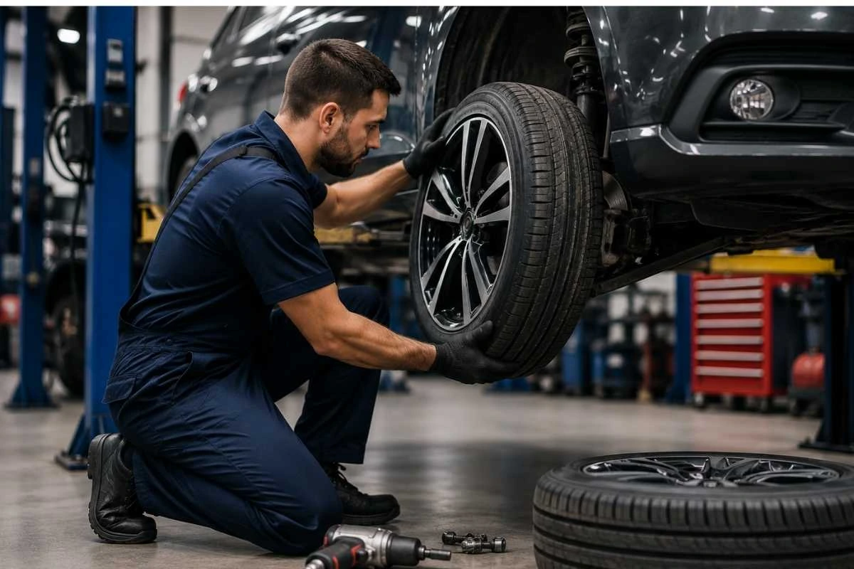 mechanic working on a car tire at a mechanic shop