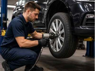 mechanic working on a raised car at a mechanic shop 