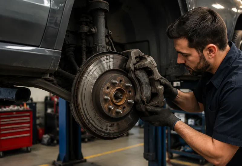 Sedan in auto repair shop with damaged front brake assembly and removed wheel