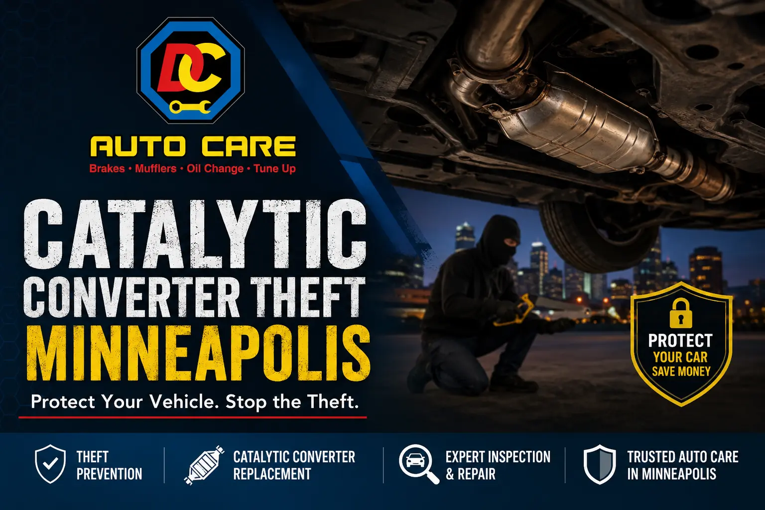 mechanic inspecting exhaust system after catalytic converter theft in Minneapolis