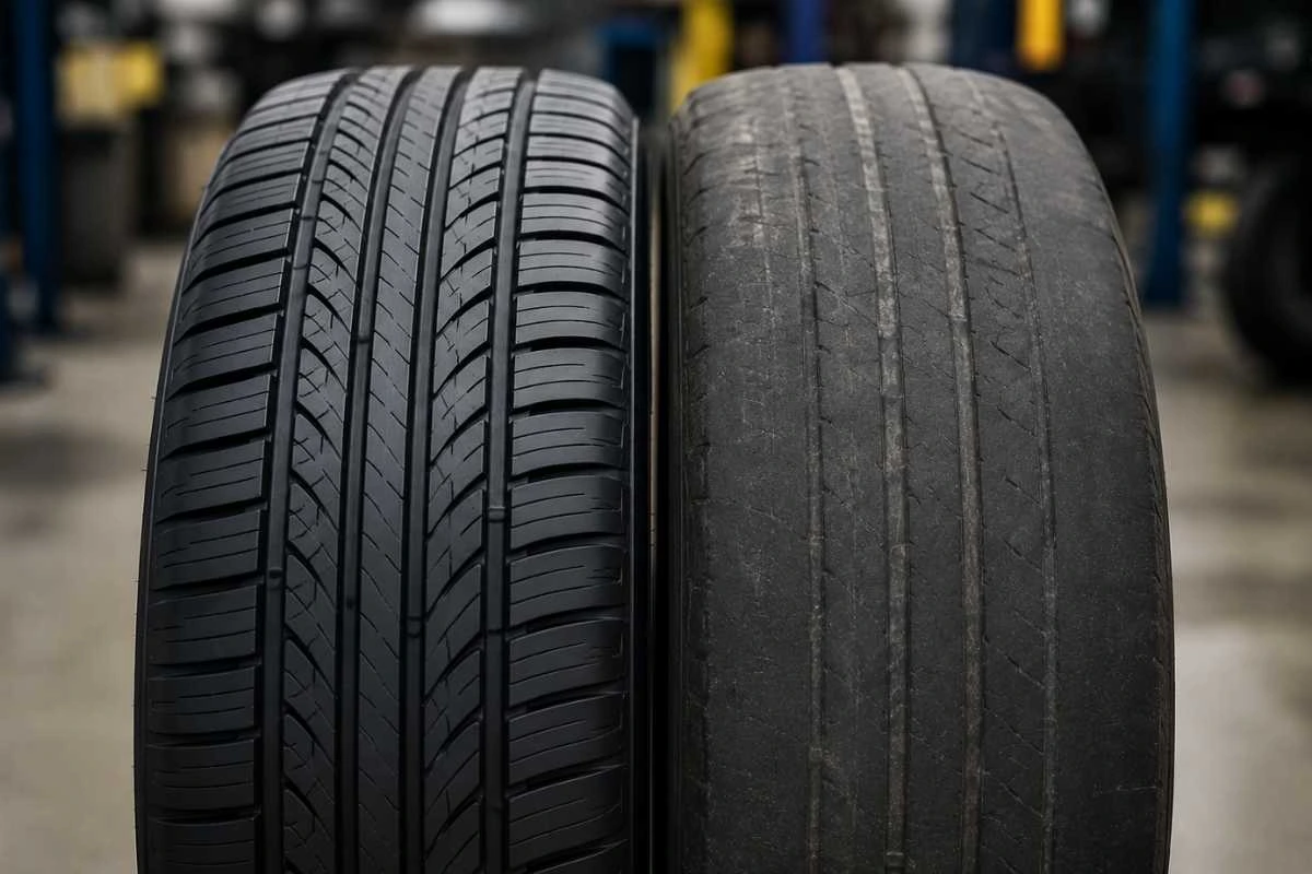 new vs worn tire comparison at a mechanic shop