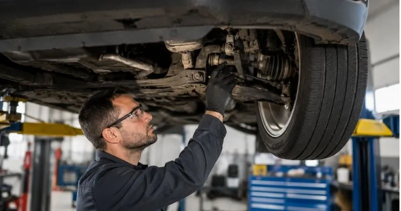 Mechanic inspecting suspension components after pothole damage at an auto repair shop