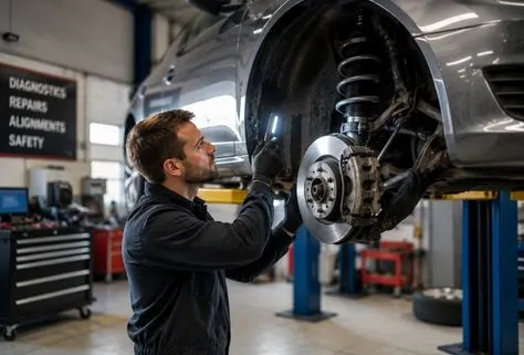 Auto technician inspecting brake and suspension components during a pothole damage inspection