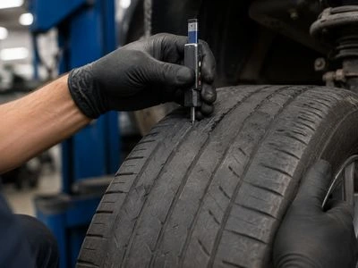 worn tire tread inspection at a mechanic shop