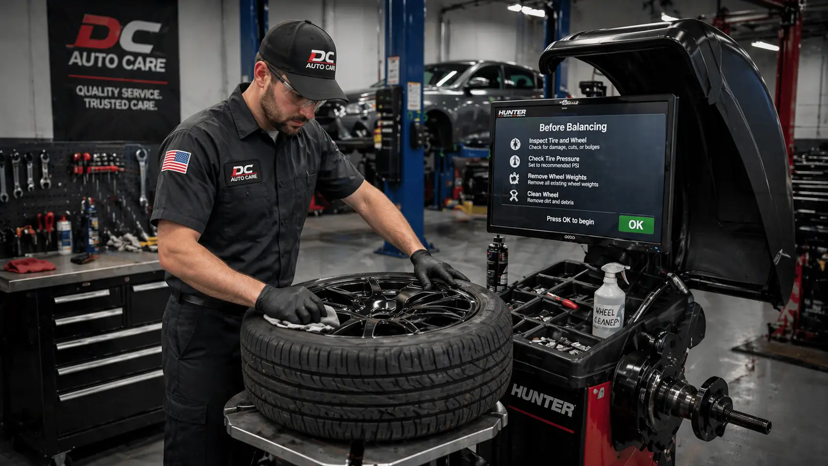 A mechanic at DC Auto Care cleaning a black performance wheel on a Hunter tire balancing machine.